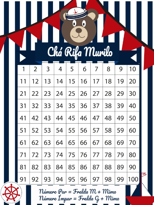 Rifa Chá de Bebê Ursinho Marinheiro para Editar e Imprimir