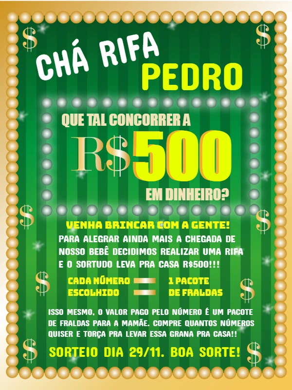 Convite Chá Rifa Prêmio em Dinheiro para Editar Online