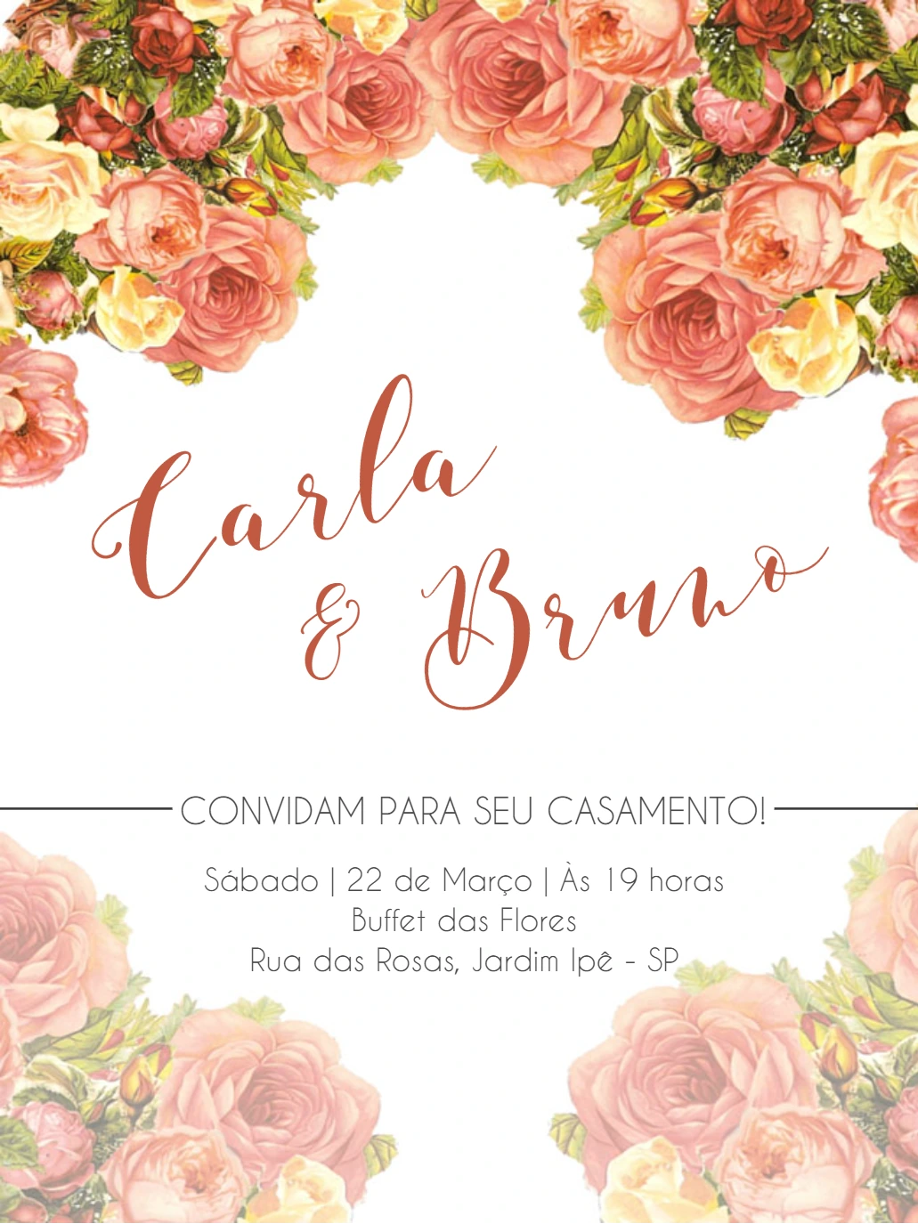 Convite de Casamento Floral com Rosas Vintage para Editar