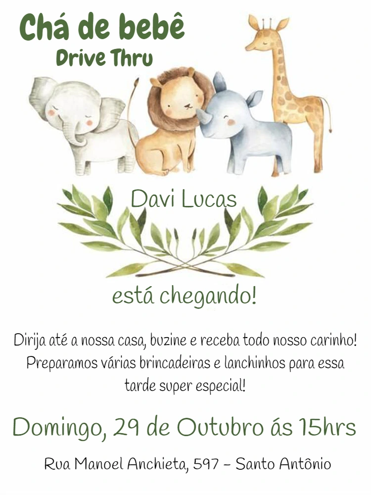 Convite Chá de Bebê Drive Thru Safari para Editar Online