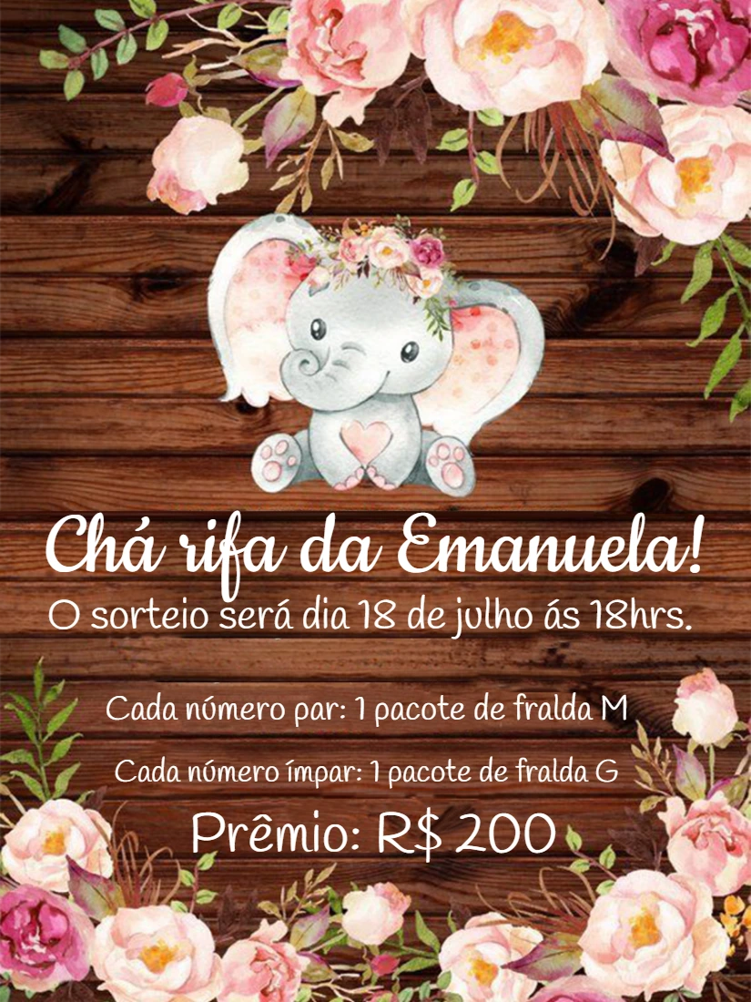 Convite Chá Rifa Elefantinha Floral para Editar Online
