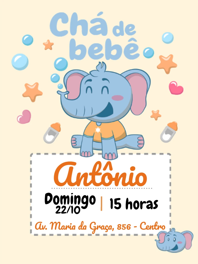 Convite Chá de Bebê Elefantinho Azul para Editar Online