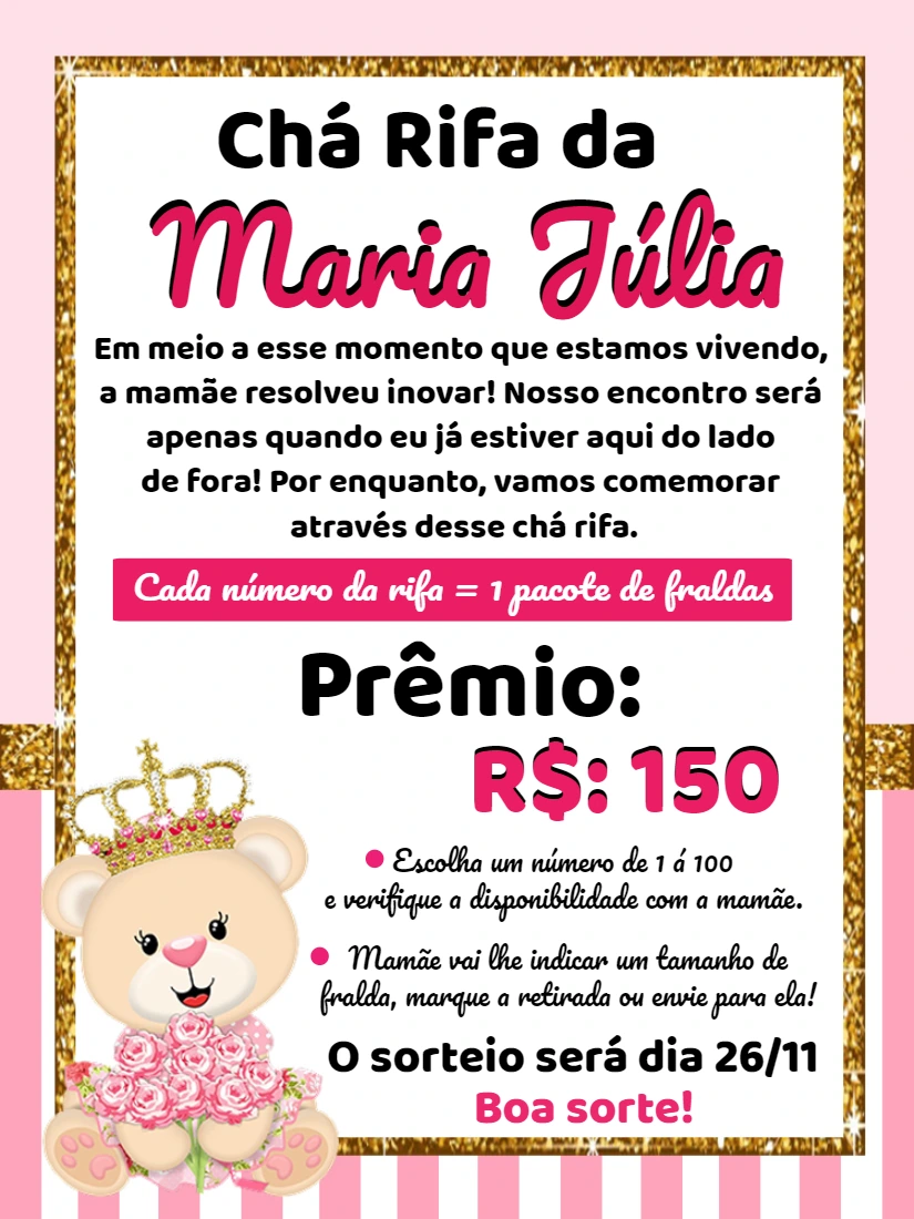 Convite Chá Rifa Ursinha Princesa Glitter para Editar Online