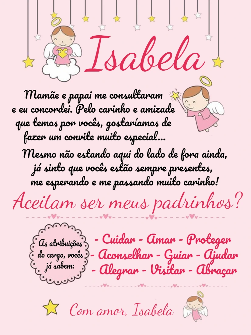 Convite para Padrinhos de Batismo Anjinha para Editar Online