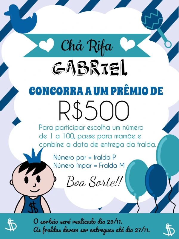 Convite Chá Rifa Menino com Bebê e Balões para Editar Online