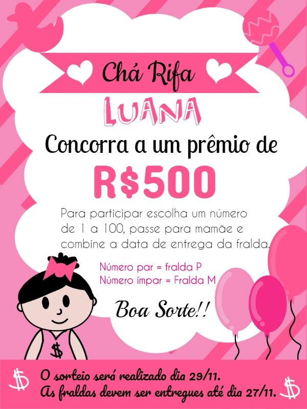 Convite Chá Rifa Menina Rosa para Editar e Enviar Online