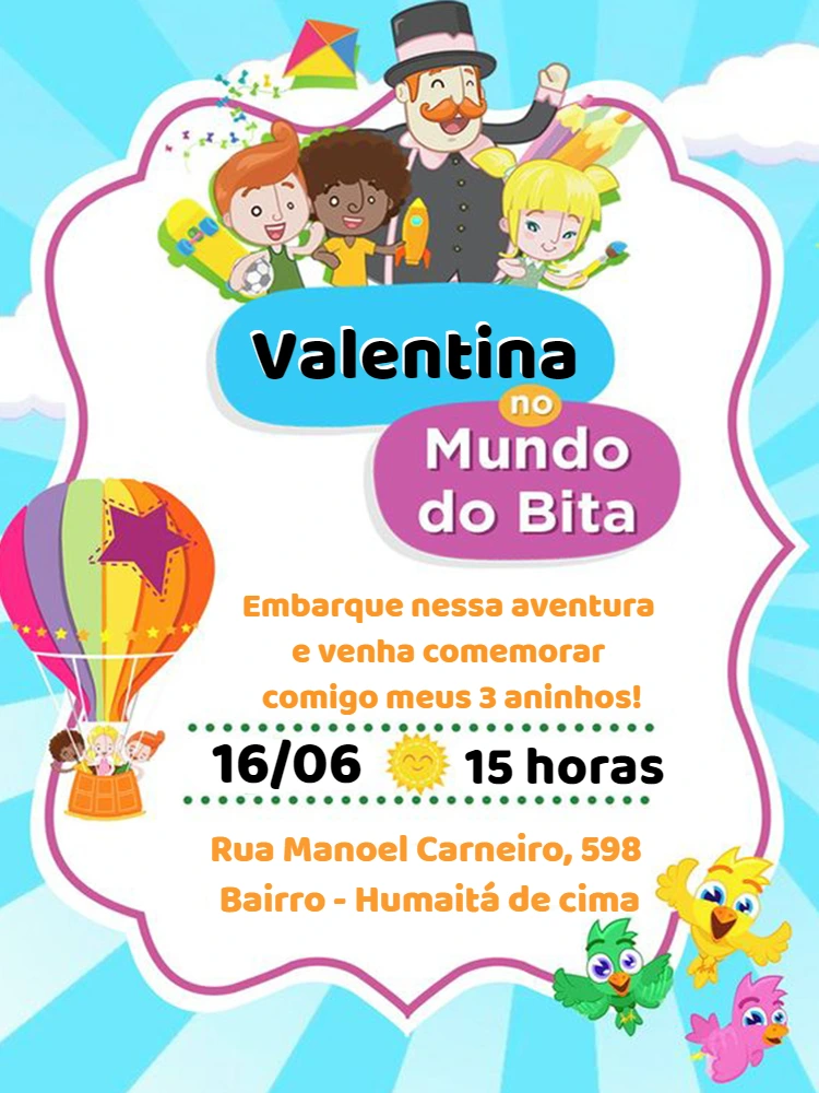 Convite de Aniversário Mundo Bita com Personagens para Editar