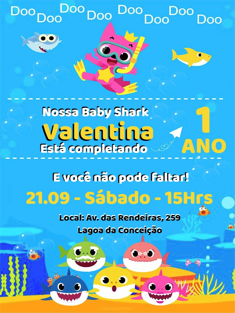 Convite Aniversário Baby Shark com Personagens para Editar Online