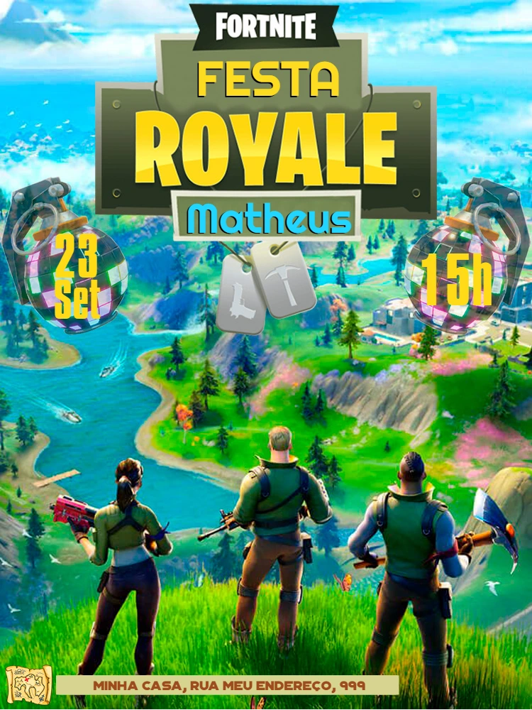 Convite Aniversário Fortnite Festa Royale para Editar Online