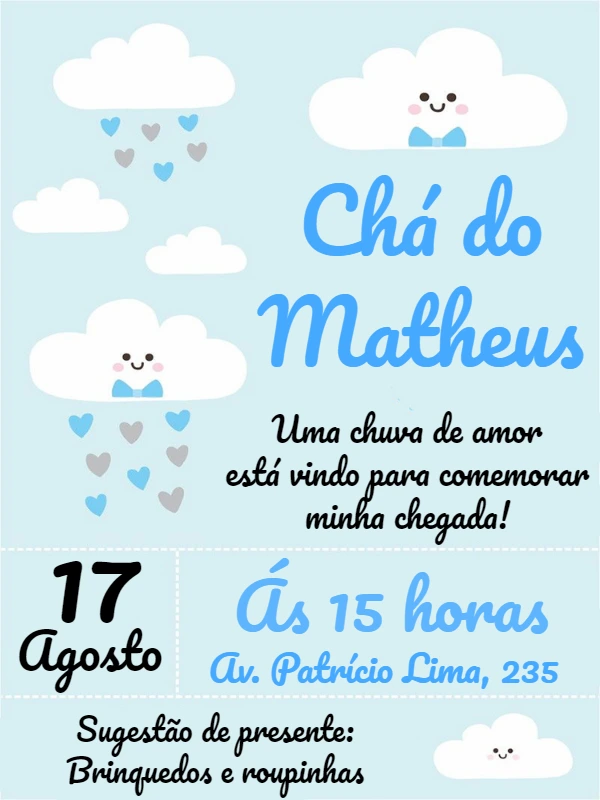 Convite Chá de Bebê Chuva de Amor Menino para Editar Online