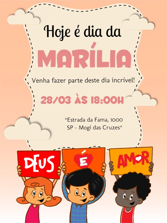 Convite de Aniversário Três Palavrinhas para Editar Online