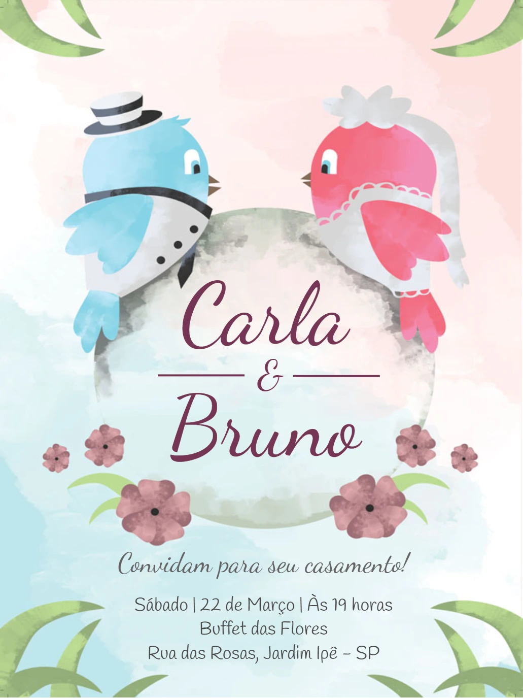Convite de Casamento Pássaros Romântico para Editar Online