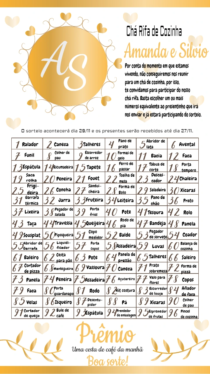 Convite Chá Rifa de Cozinha Dourado com Corações para Editar