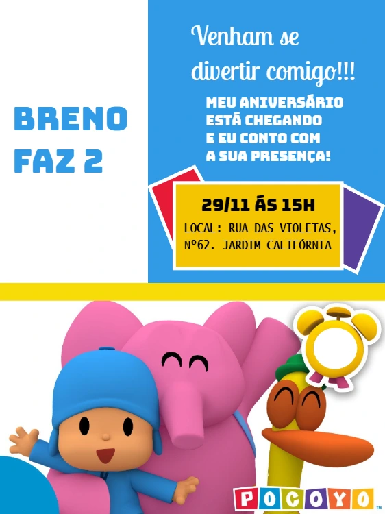 Convite Aniversário Pocoyo com Personagens para Editar Online