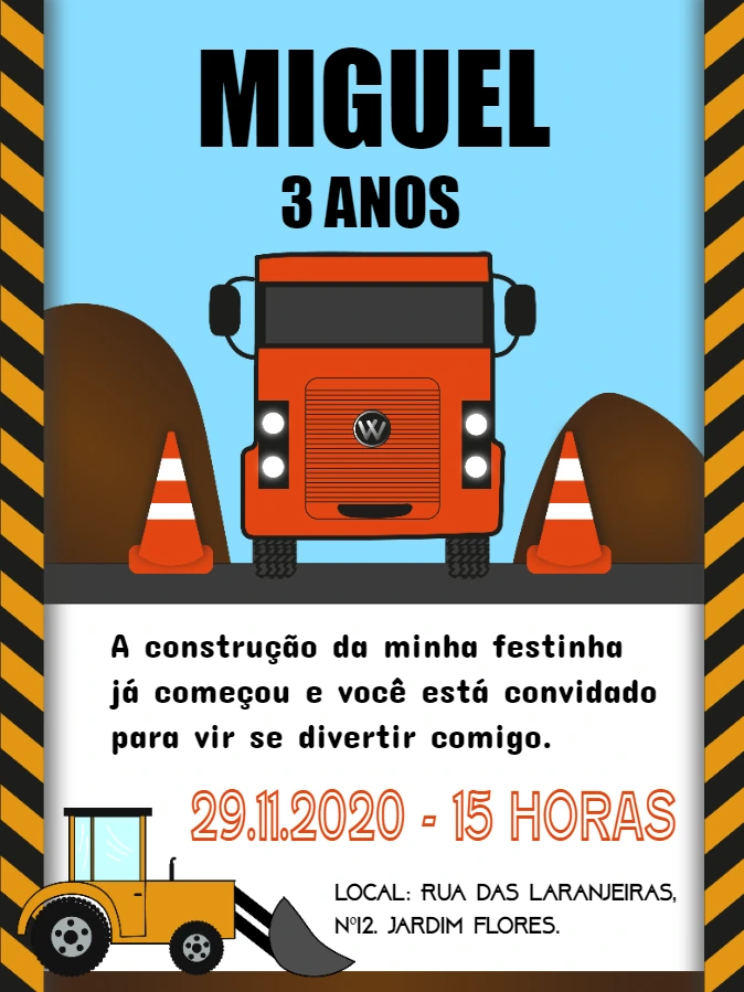 Convite de Aniversário Caçamba e Construção para Editar