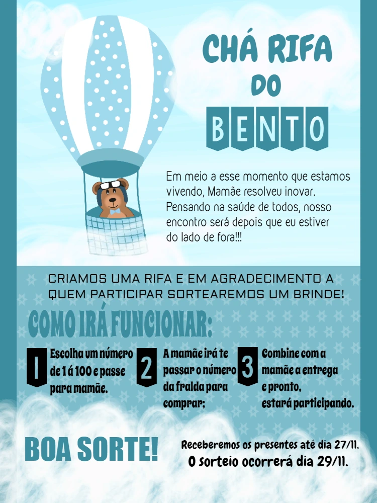 Convite Chá Rifa Ursinho Baloeiro para Editar Online