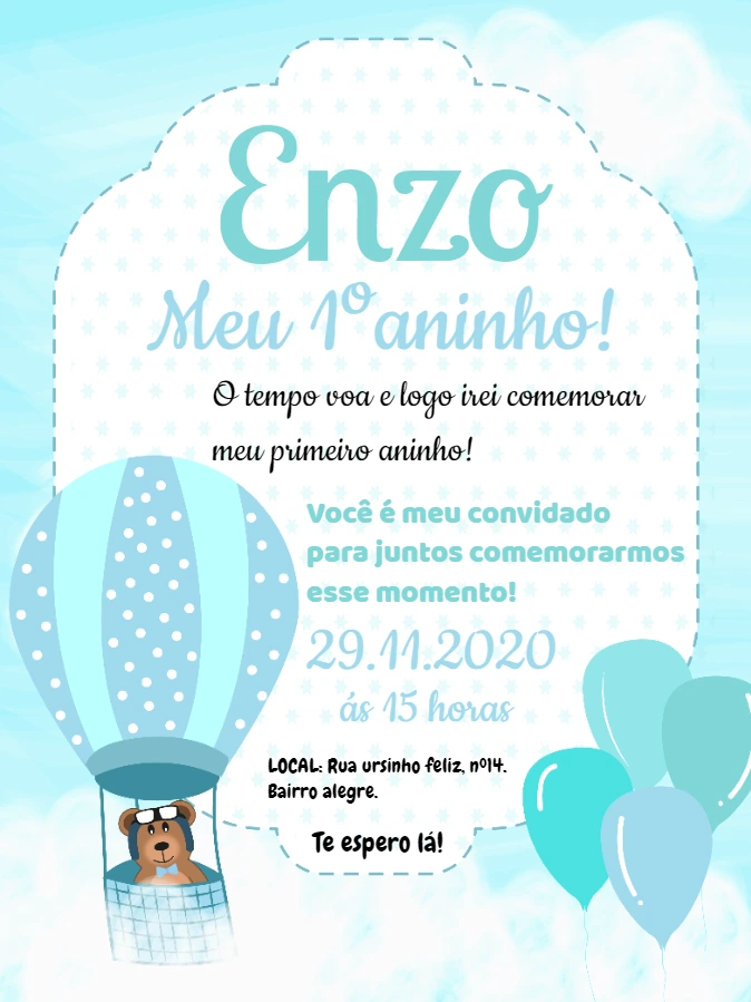 Convite Aniversário Ursinho Baloeiro para Editar Online