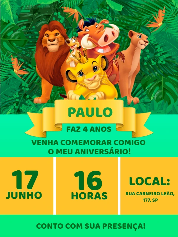 Convite Aniversário Rei Leão com Personagens para Editar