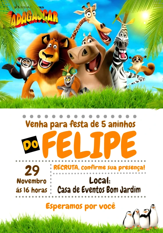 Convite de Aniversário Madagascar com Personagens para Editar