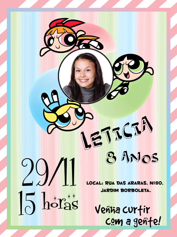 Convite Aniversário Meninas Super Poderosas com Foto para Editar
