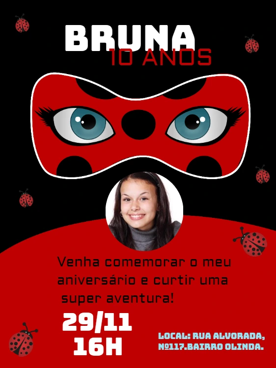 Convite Aniversário Ladybug Miraculous com Foto para Editar