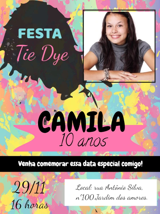 Convite de Aniversário Tie Dye com Foto para Editar Online