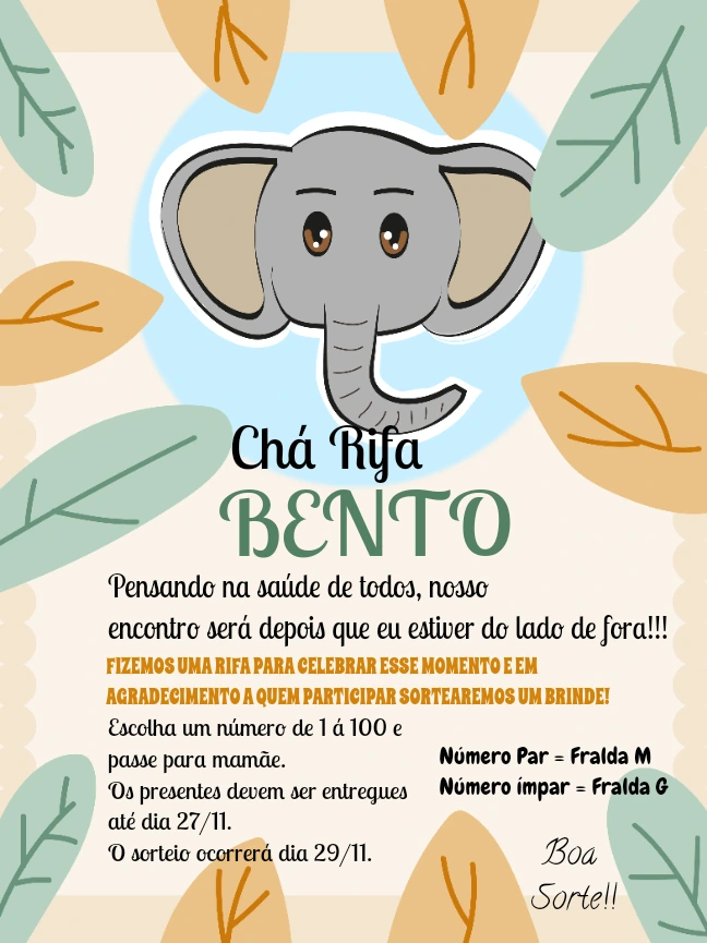 Convite Chá Rifa Elefantinho Fofo para Editar e Imprimir