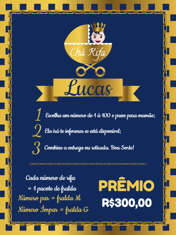 Convite Chá Rifa Príncipe Azul e Dourado para Editar Online