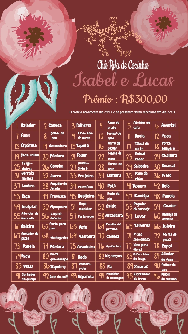 Cartela Chá Rifa de Cozinha Floral para Editar Online