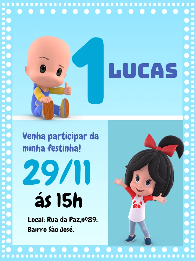 Convite de Aniversário Cléo e Cuquin para Editar Online