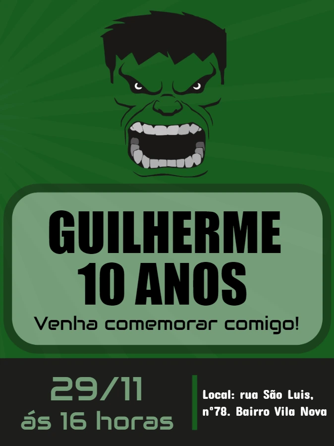Convite de Aniversário Incrível Hulk para Editar Online