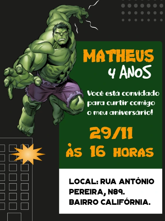 Convite Aniversário Hulk para Editar Online e Imprimir