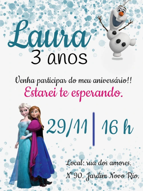 Convite de Aniversário Frozen com Personagens para Editar Online