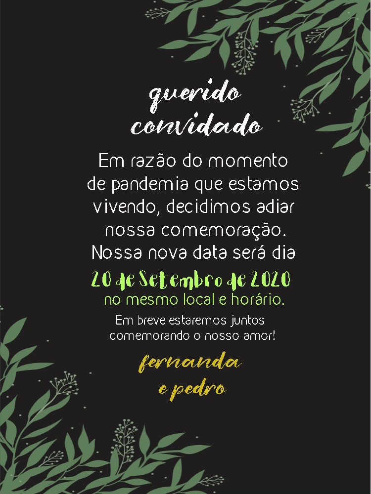 Comunicado de Adiamento de Casamento Floral para Editar Online
