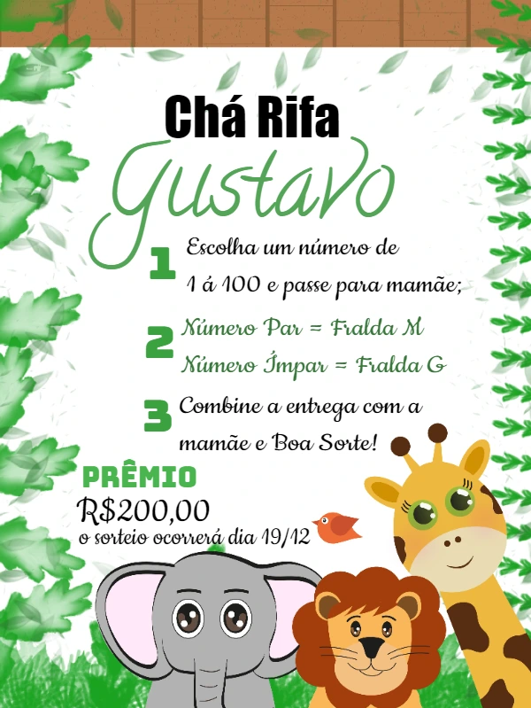 Convite Chá Rifa Safari com Animais para Editar Online