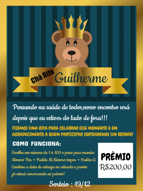 Convite Chá Rifa Ursinho Príncipe para Editar Online