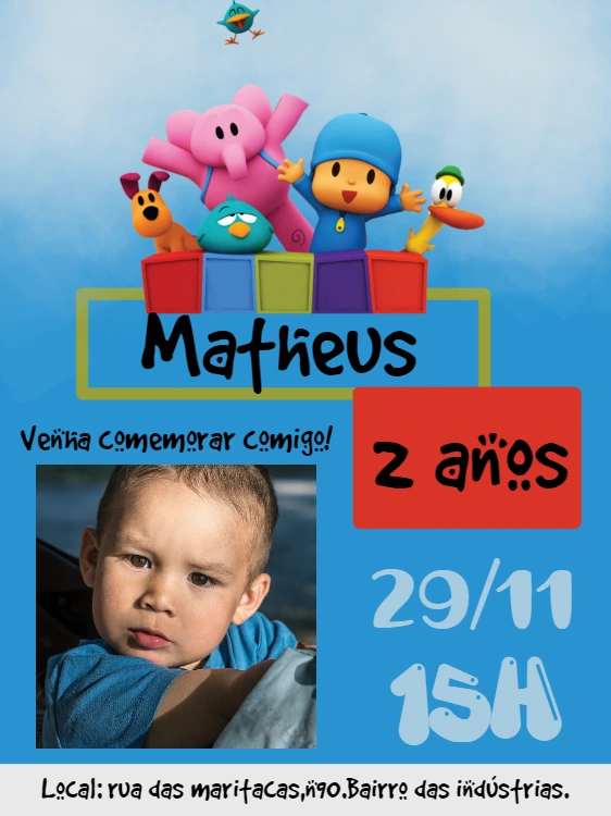 Convite de Aniversário Pocoyo com Foto para Editar Online