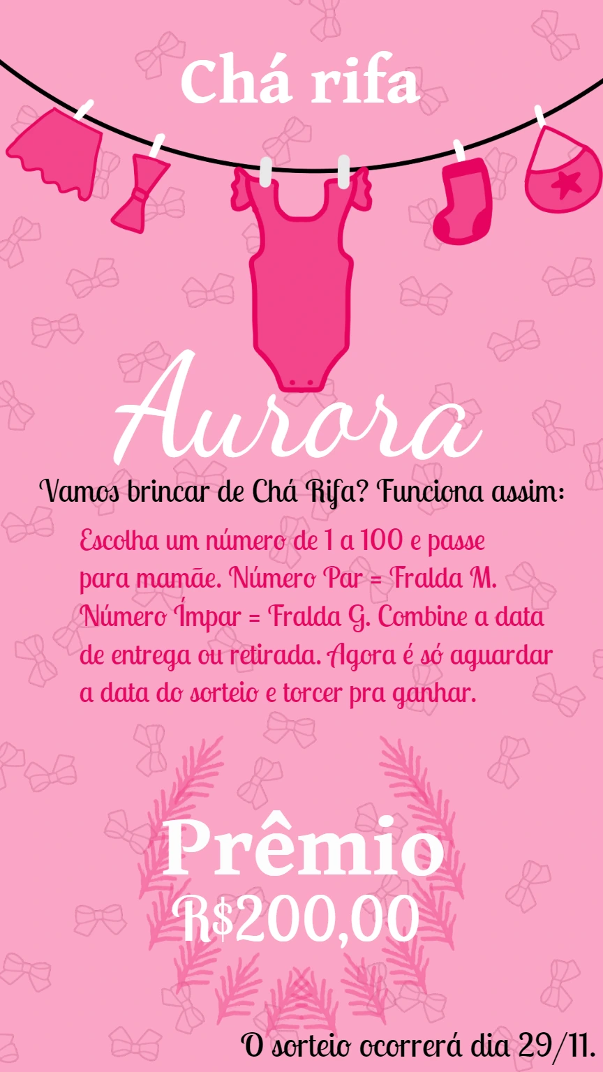 Convite Chá Rifa Varal de Roupas Rosa para Editar Online