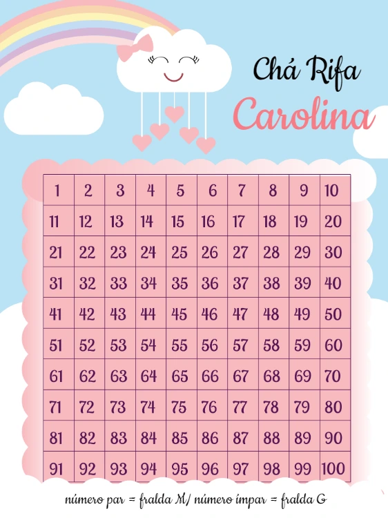 Chá Rifa Chuva de Amor com Nuvem Fofa para Editar e Imprimir