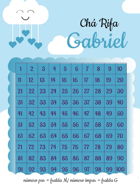 Cartela Chá Rifa Chuva de Amor Azul para Editar Online