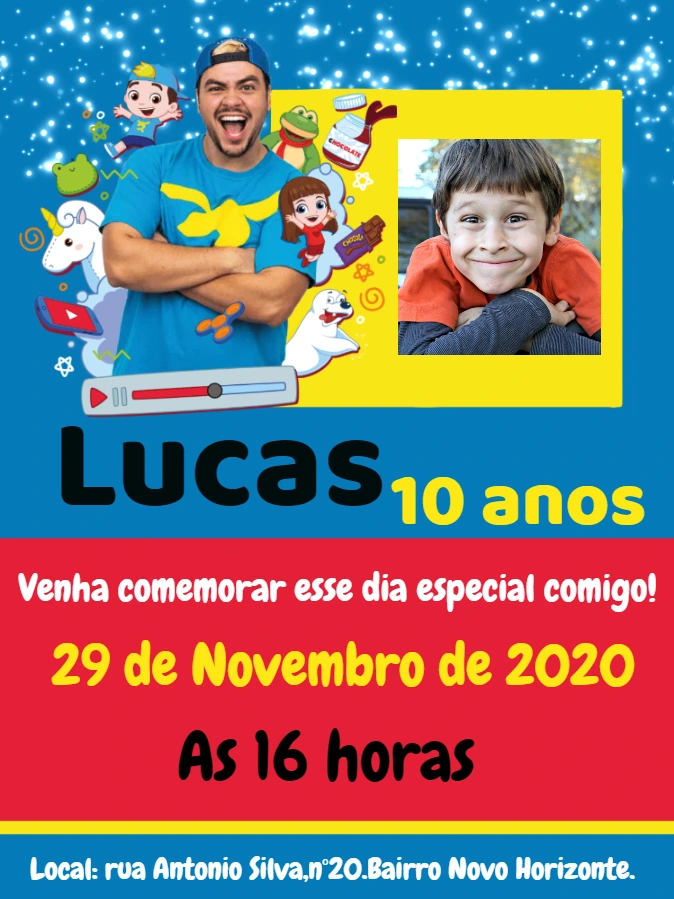 Convite Aniversário Luccas Neto com Foto para Editar Online