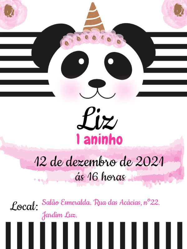 Convite de Aniversário Panda Unicórnio para Editar Online