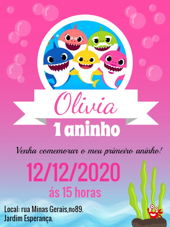 Convite de Aniversário Baby Shark Rosa para Editar Online
