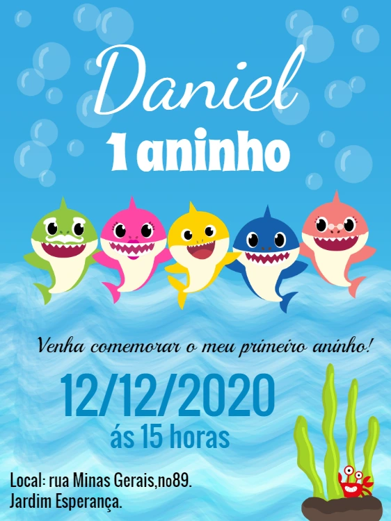 Convite Aniversário Baby Shark com a Família Tubarão para Editar