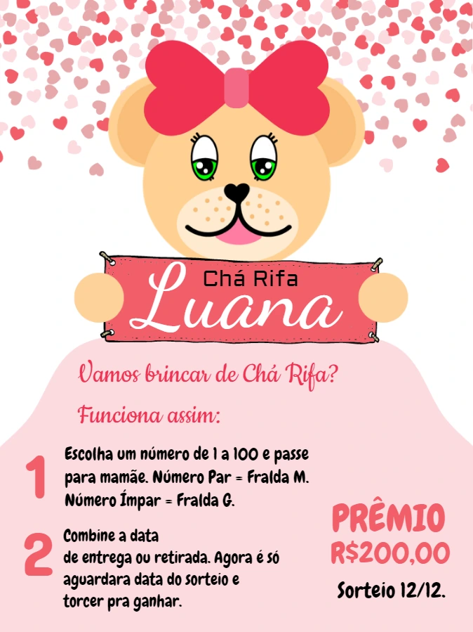 Convite Chá Rifa Ursinha Rosa para Editar Online