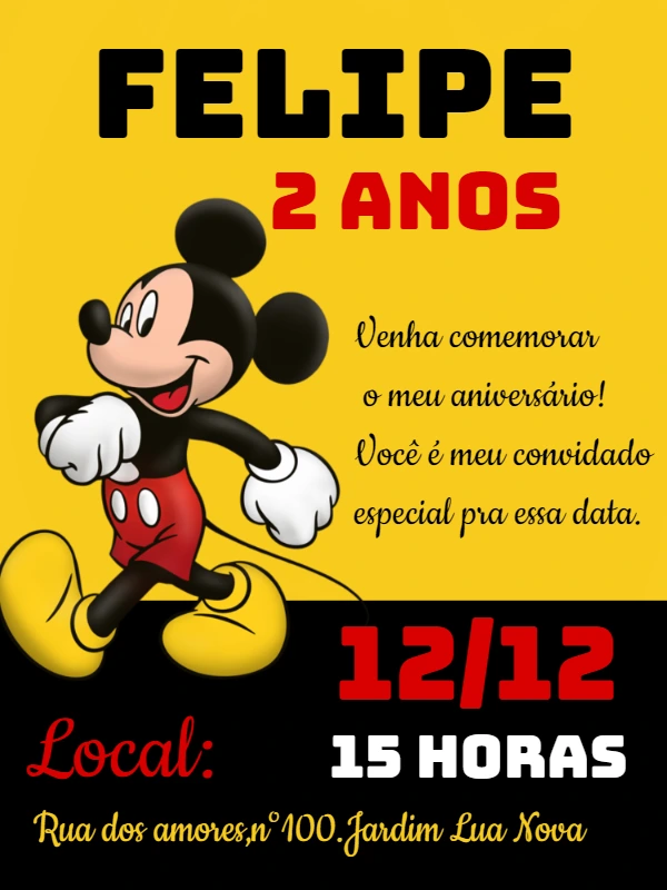 Convite de Aniversário Mickey Mouse para Editar Online