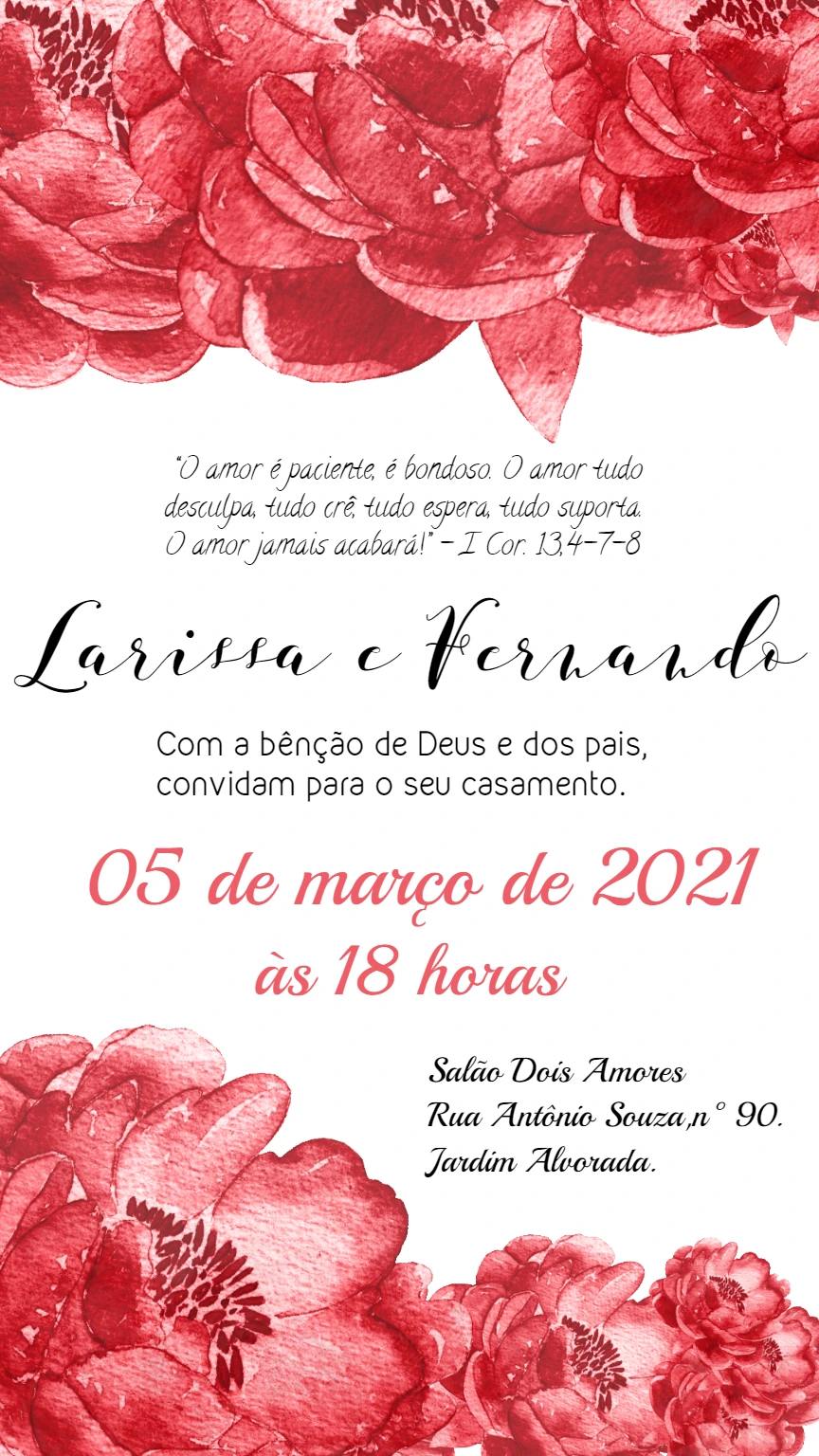 Convite de Casamento Floral Vermelho Aquarela para Editar