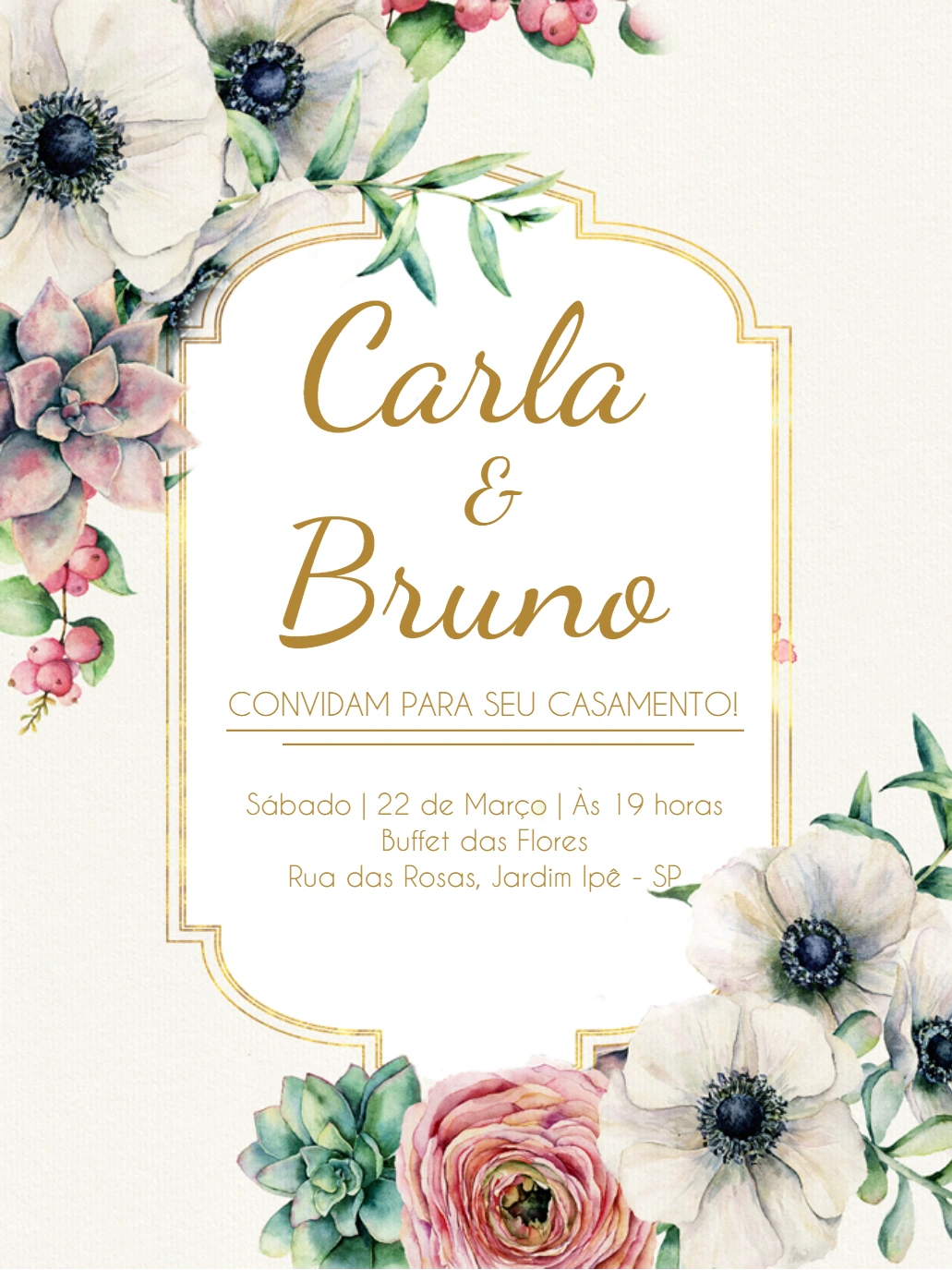 Convite de Casamento Floral Branco e Dourado para Editar