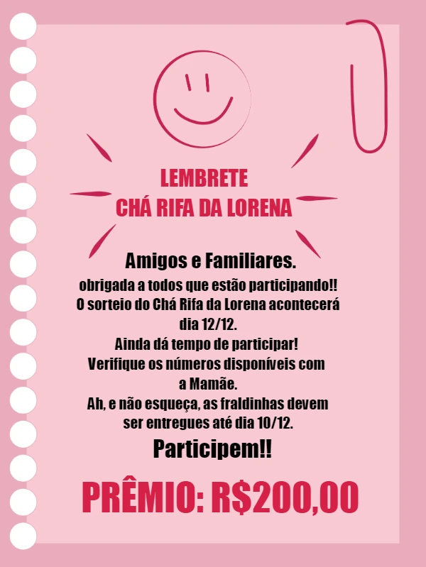 Lembrete de Chá Rifa Rosa Estilo Caderno para Editar Online
