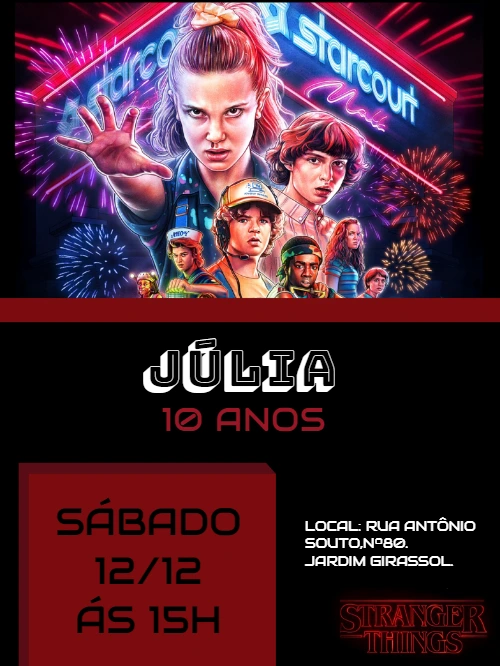 Convite de Aniversário Stranger Things com Personagens para Editar